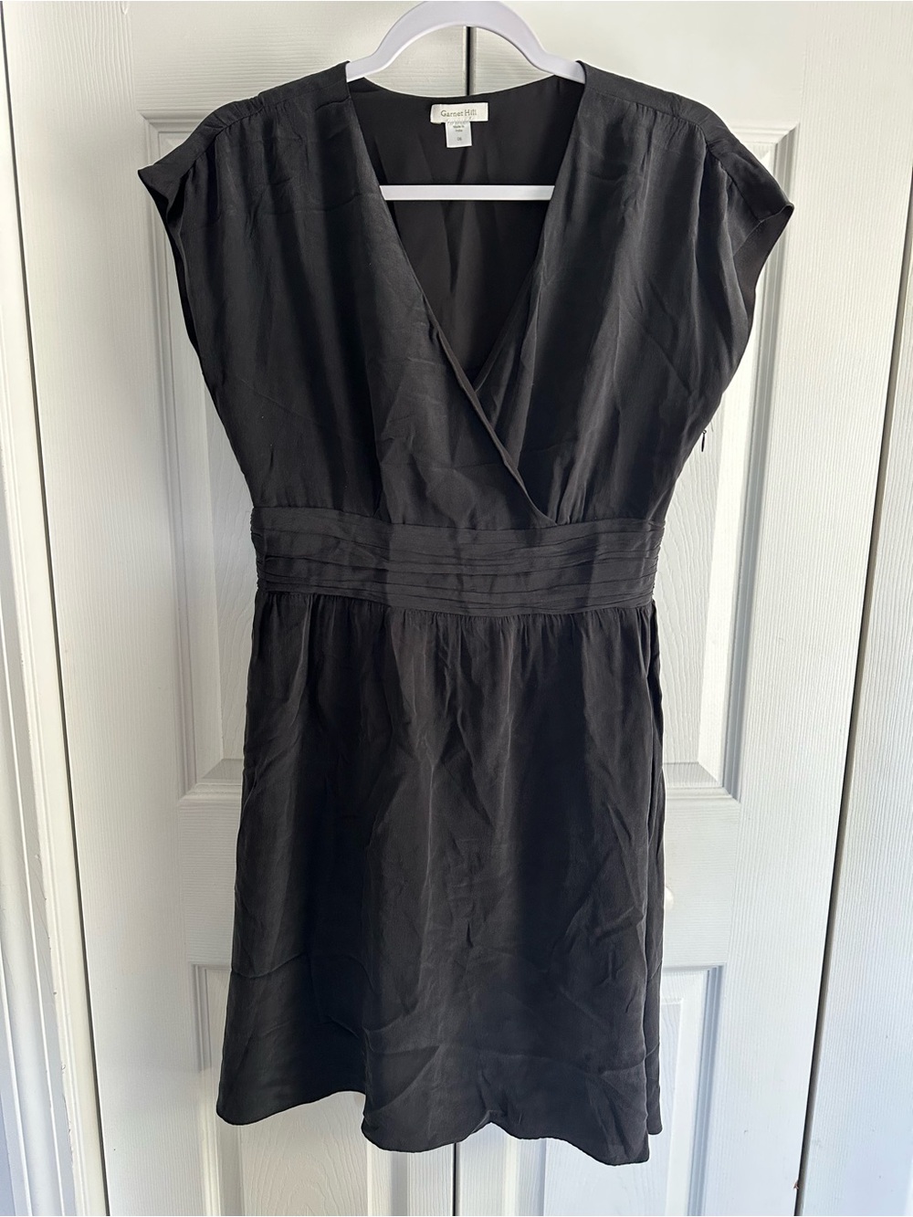 Garnet Hill Black V-Neck Pleated Waist Mini Dress